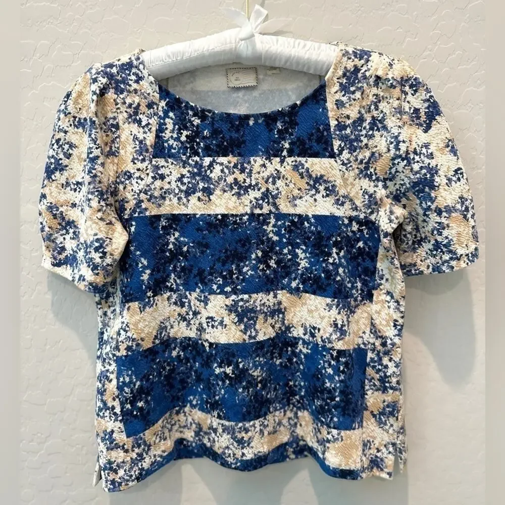 ANTHROPOLOGIE | Postmark Blue Beige Abstract Floral Puff Sleeve Blouse | Small